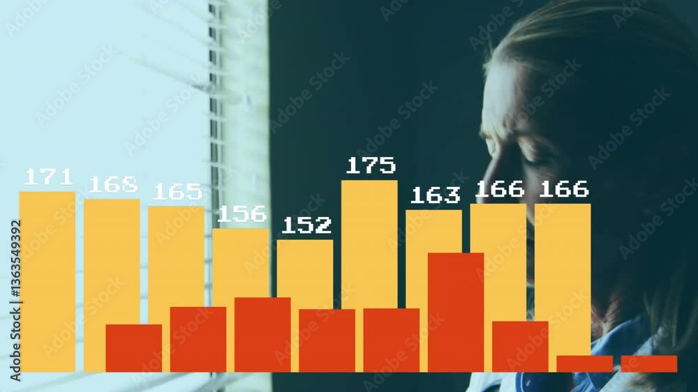 Poster bar chart animation over person looking out window, showing numerical data