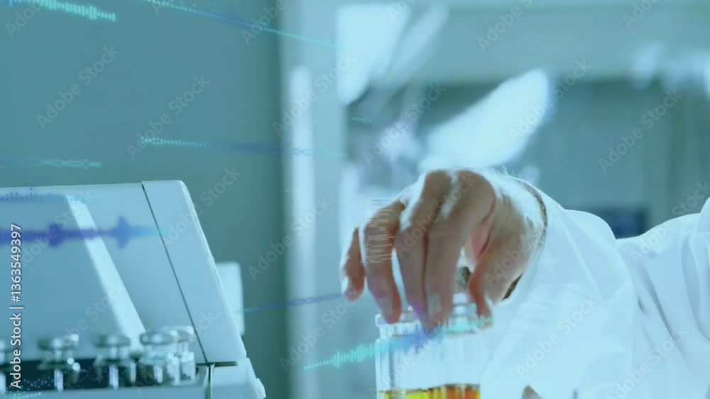 Poster scientist handling test tube with data processing animation in laboratory