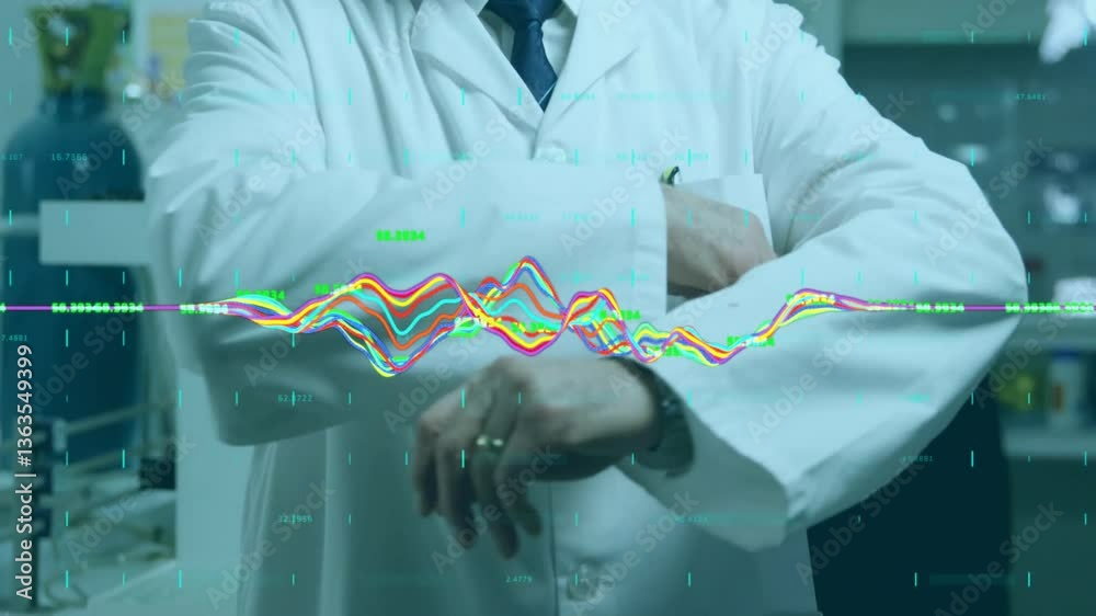 Poster in lab, scientist analyzing colorful data graph overlaying on arms animation