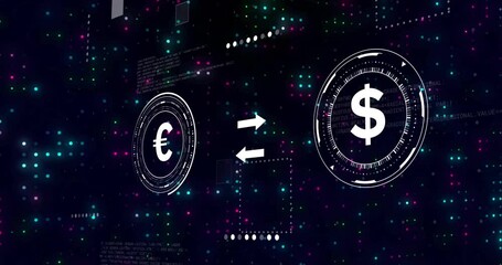 Euro and dollar currency symbols with digital data processing animation - Powered by Adobe
