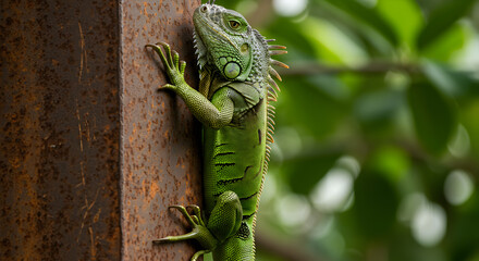 Green Iguana Ascending a Weathered Metal Post Against Foliage Backdrop