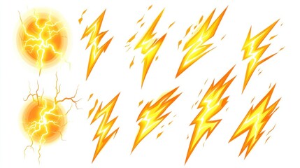 Naklejka premium Yellow lightning bolts and energy spheres; graphic design elements