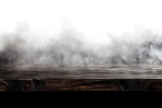 Dark wooden table with misty background, perfect for product display or spooky scene.