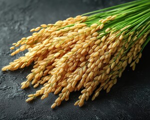 Close-up of golden rice grains arranged artistically on a textured surface