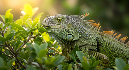 Obraz premium Green iguana amidst lush foliage, savouring fresh leaves in natural light