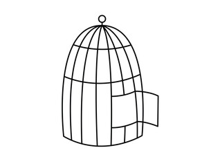 Open cage concept line doodle icon. Flat concept open cage of liberation, freedom sticker. Isolated on white background.