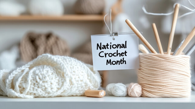 Celebrating national crochet month with yarn and hooks in cozy setup