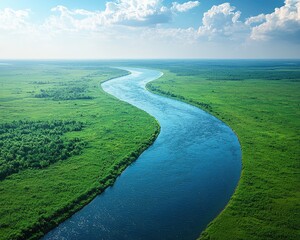 Aerial view of a winding river through lush green landscapes under a blue sky