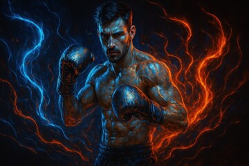 Fototapeta premium A powerful male boxer stands ready for action, showcasing strength and intensity against a backdrop of dynamic blue and orange lights.