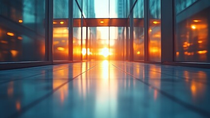 Sun sets over a modern glass building hallway, reflecting on the polished floor.