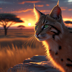 Cat on sunset background