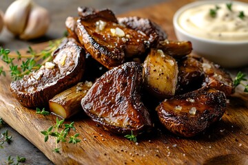 Roasted portobello mushrooms with garlic and thyme on a wooden board.