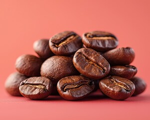 Close-up of roasted coffee beans stacked on a vibrant background, showcasing texture