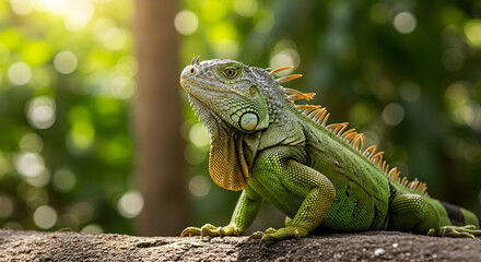 Naklejka premium Green iguana basking in natural sunlight with lush foliage backdrop