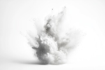 A grayscale image depicting a dynamic explosion of powder, creating a visually striking cloud of particles against a stark white background.