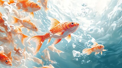 Vibrant Goldfish Swimming Underwater, A vibrant underwater scene featuring a group of orange goldfish swimming in clear blue water
