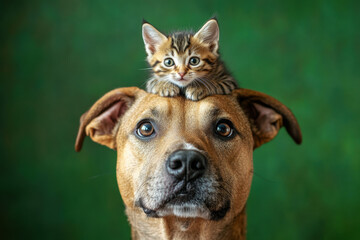 Obraz premium Cute Kitten Sitting on Dog's Head