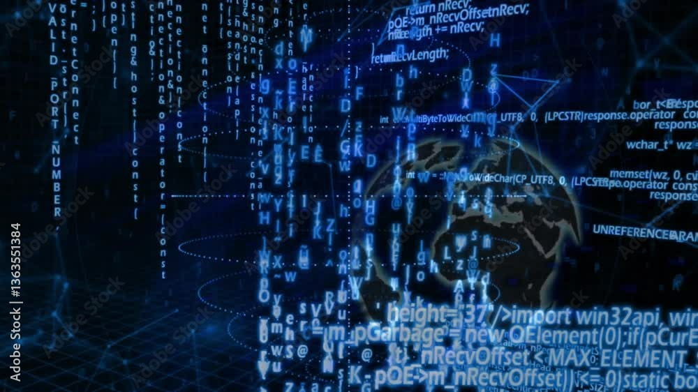 Poster animation of digital code and data streams flowing across abstract globe in school