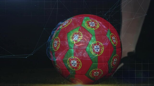 Red and green soccer ball with Portugal flags over digital network animation
