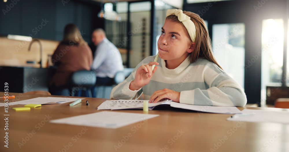 Poster thinking, homework and child in home with test for remote learning, education and lesson. school, st