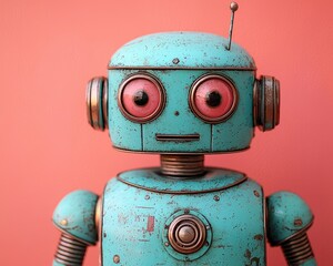 Vintage turquoise robot toy with pink eyes against a coral background