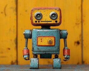Vintage robot toy standing against a vibrant yellow wooden backdrop