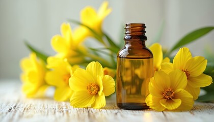 Close-up shot of evening primrose oil bottle with fresh blooming yellow flowers. Natural cosmetic beauty product for face care, skincare. Essence in transparent glass container. Herbal alternative