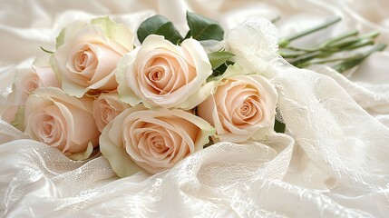 Obraz premium Peach roses bouquet on lace fabric, romantic wedding detail, soft light, elegant background; ideal for wedding invitations