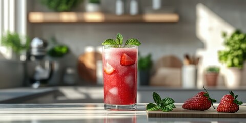 Refreshing strawberry drink garnished with mint served in a modern kitchen during daylight hours