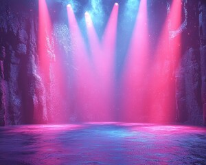 Colorful stage lights illuminating a rocky cave with reflective water below