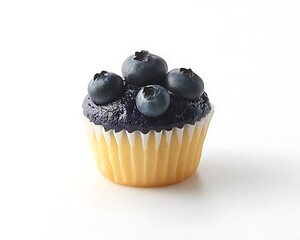 A single cupcake topped with fresh blueberries on white background