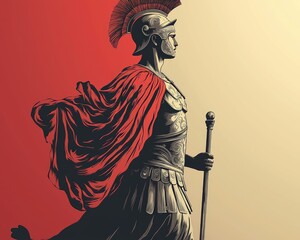 Majestic Roman Soldier in Armor with Red Cloak Against Gradient Background