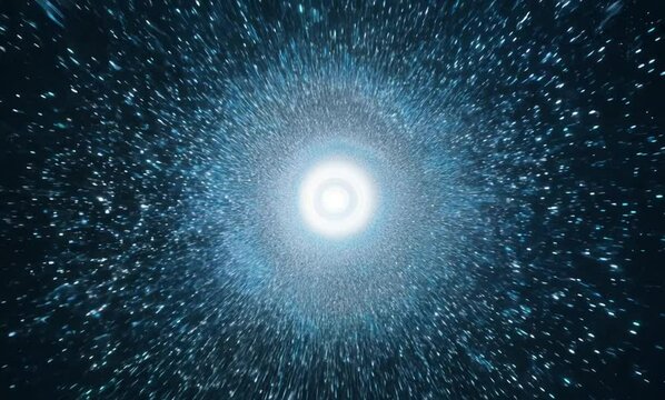 Abstract space scene with animation of glowing particles emitting beams of light, explosion of blue particles, tunnel to space, seamless loop
