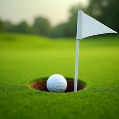 Successful shot, golf ball in hole with white flag, symbolizing victory, skill and a beautiful day on the green golf course