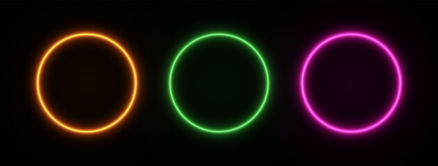 Neon glow round frame. Light circle led border. Set of vector laser rings of yellow, green and pink color.