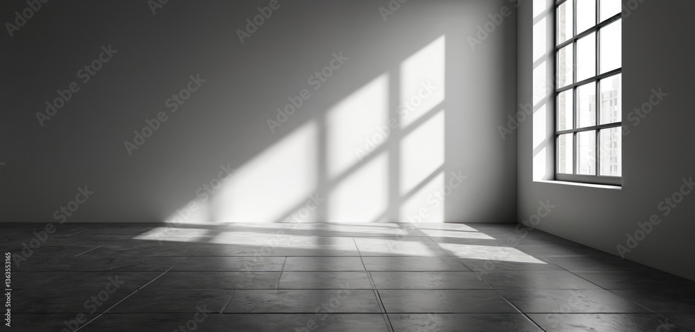 Poster Minimalist interior design with natural light. White wall surface with shadows. Sunlight shines through window. Empty room. Modern architecture style for product presentation mockup.