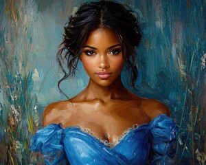 Elegant portrait of a woman in a blue dress surrounded by a soft, artistic background