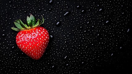   A macro shot of a red strawberry on a dark background, adorned with pearls of water and a vibrant green leaf poking from its crown