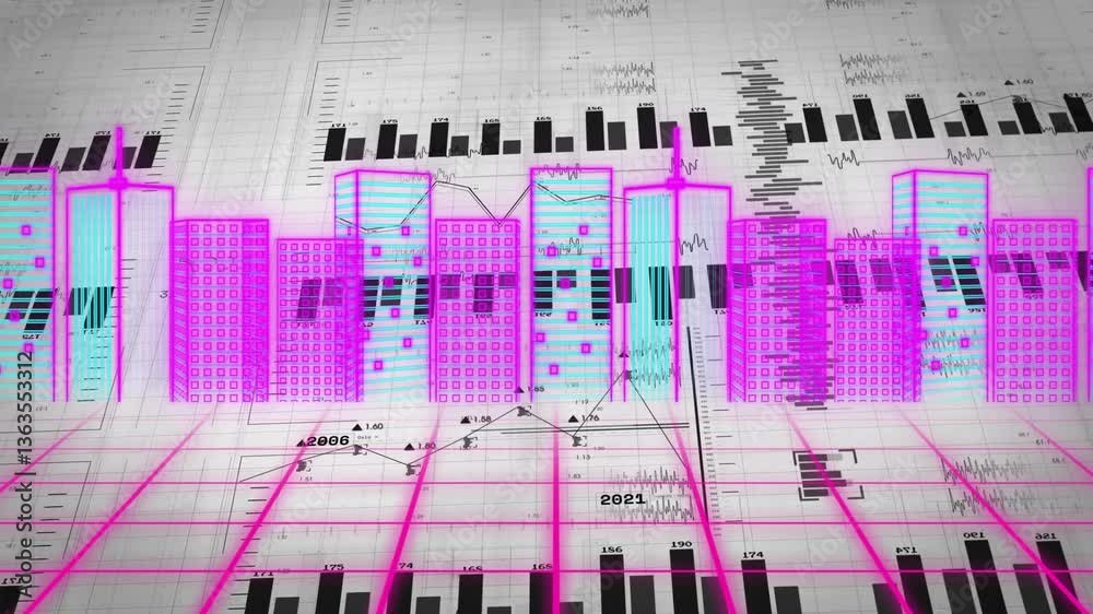 Poster creating animation of bar graphs and data charts with neon pink and blue overlay