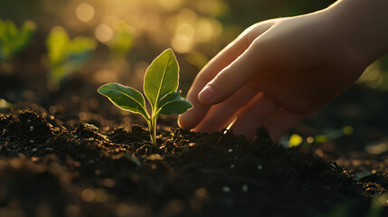 A young seedling in rich soil, gently touched by a hand in warm sunlight.