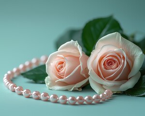 Elegant arrangement of soft pink roses with a pearl necklace on a serene background