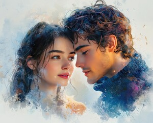 Romantic portrait of a couple gazing into each other's eyes against a soft, artistic background