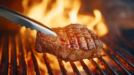 A cut of meat cooks on a grill, flame and tongs visible above it