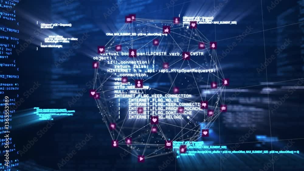 Poster network of connections and code processing animation over digital blue background