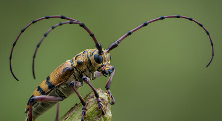 Detailed close-up portrait of a captivating Cerambycid beetle in its natural habitat