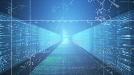 Processing digital data, mathematical equations animating over futuristic blue background - Powered by Adobe