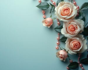 Elegant arrangement of peach roses with pearls on a soft blue background