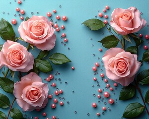 Pink roses arranged elegantly on a blue background with decorative pearls