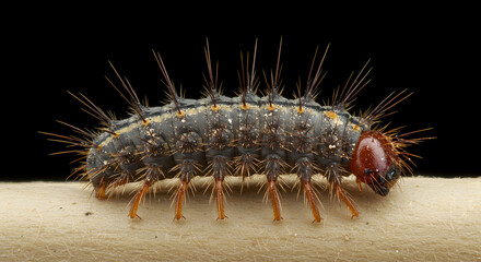 Fototapeta premium Detailed close-up reveals the spiky texture and vibrant colors of a carpet beetle larvae
