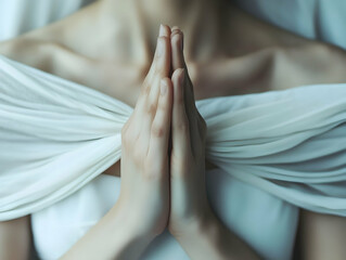 Hands clasped in prayer posture with soft draped fabric surrounding them during a moment of spiritual reflection